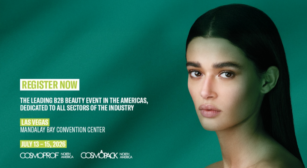 Promotional banner: woman’s portrait on the right, bold green “REGISTER NOW” text for a B2B beauty event in Las Vegas, July 13–15, 2026.